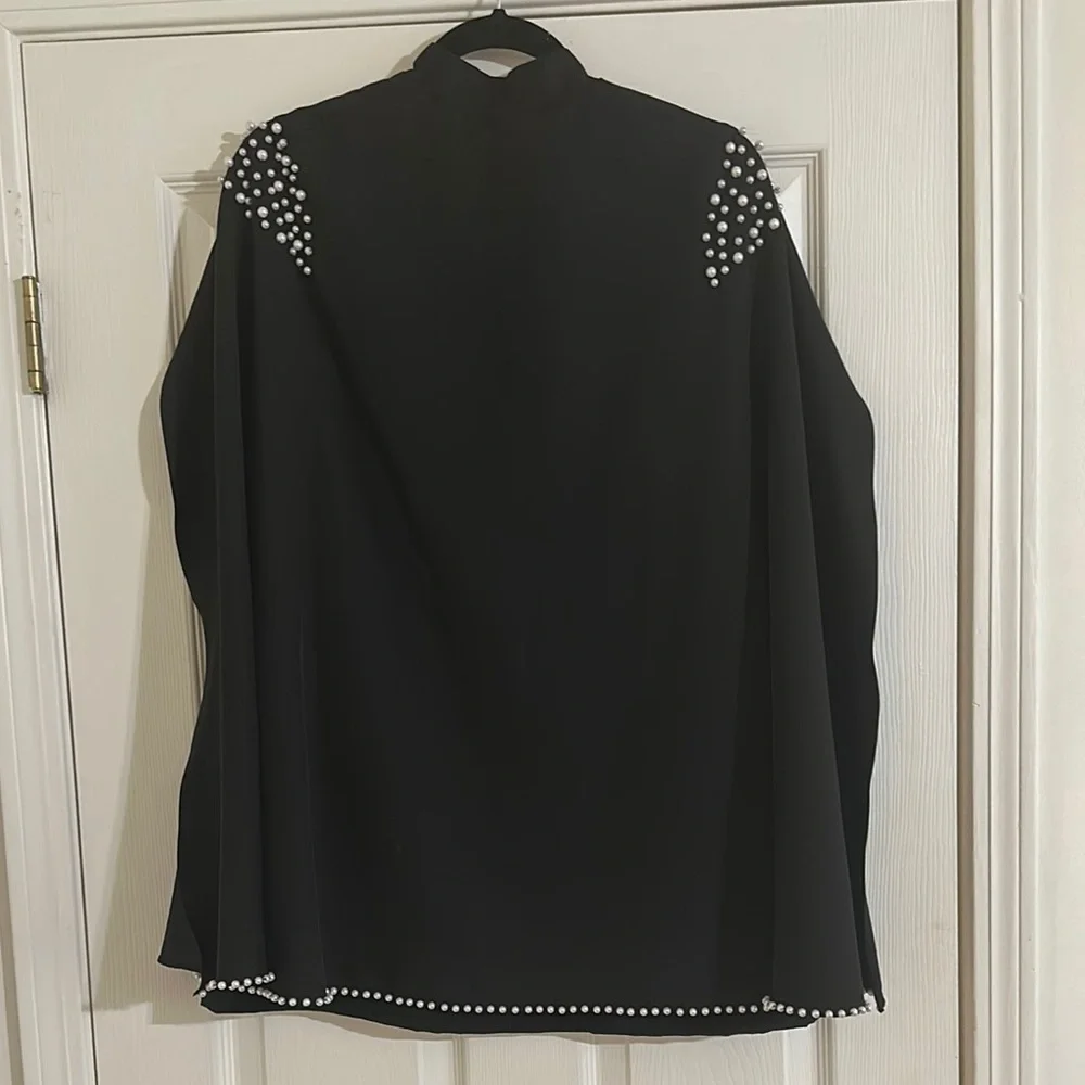 Black Studded Women's Cape Blazer Jacket with pearl embellishments